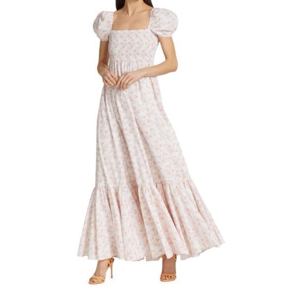 Caroline Constas Gianna Maxi Dress Floral Cotton Blend Shirred Tiered Sz  Medium
